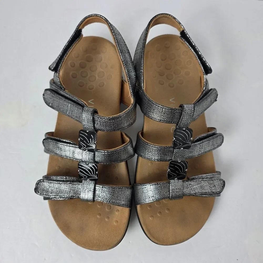 Vionic Amber Black Metallic Sandals Strappy Womens Shoes Silver Size 9
